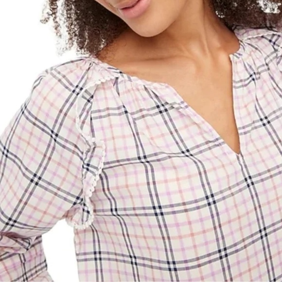 𝅺J. Crew Pastel Gingham Plaid ruffle-trim peasant long balloon sleeves poplin - Picture 2 of 4
